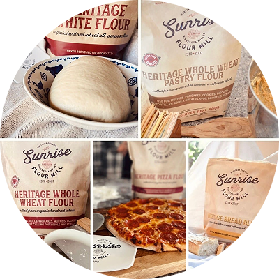 Collage of Sunrise Flour Mill products including flour bags, dough, and a pizza.
